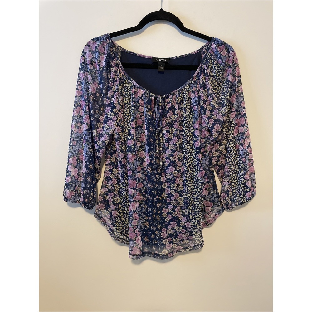 A. Byer S Navy Floral Peasant Blouse Y2K Boho Tie Neck 3/4 Sleeve